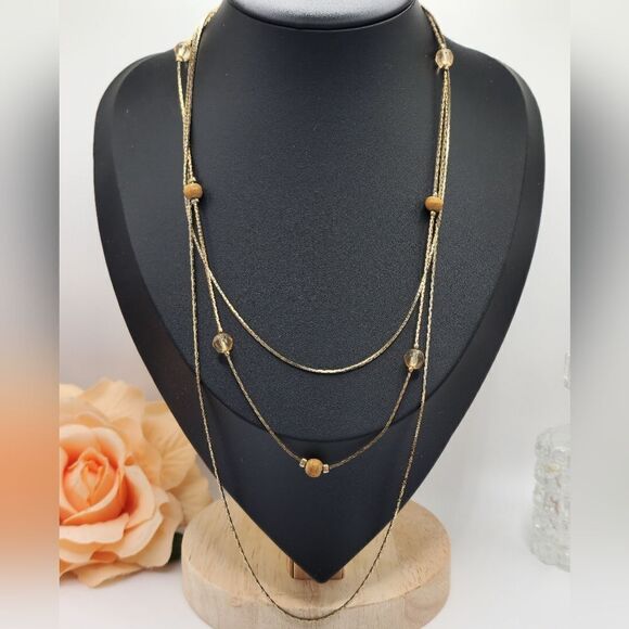 Vintage triple strand gold chain beaded necklace - Picture 1 of 5
